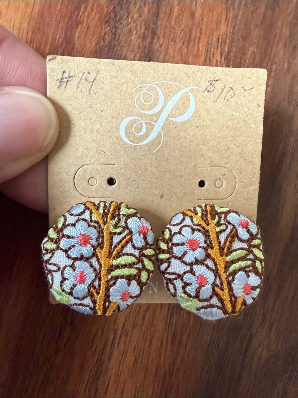 Plunder Light Blue Floral Embroidered Button Earrings Pierced Flower